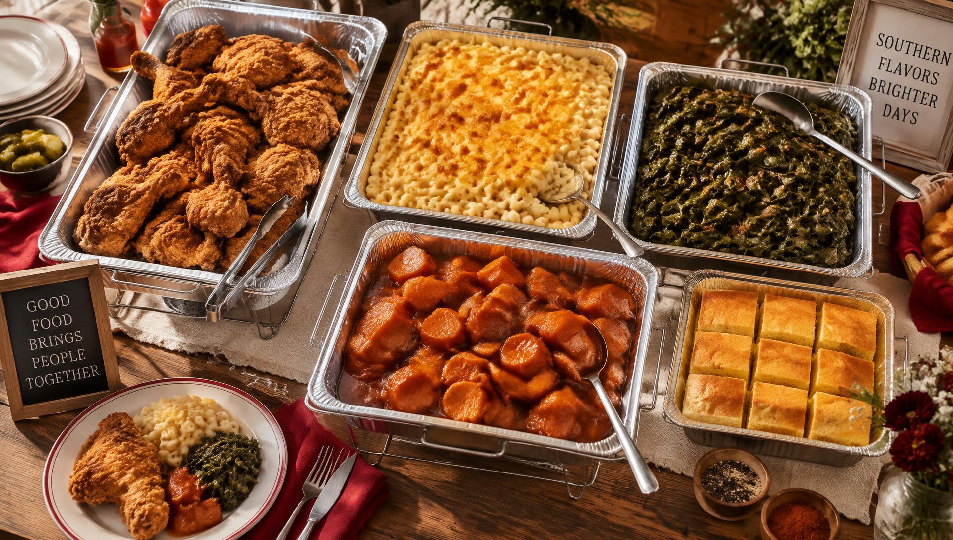 Southern catering buffet with fried chicken, mac and cheese, collard greens and cornbread